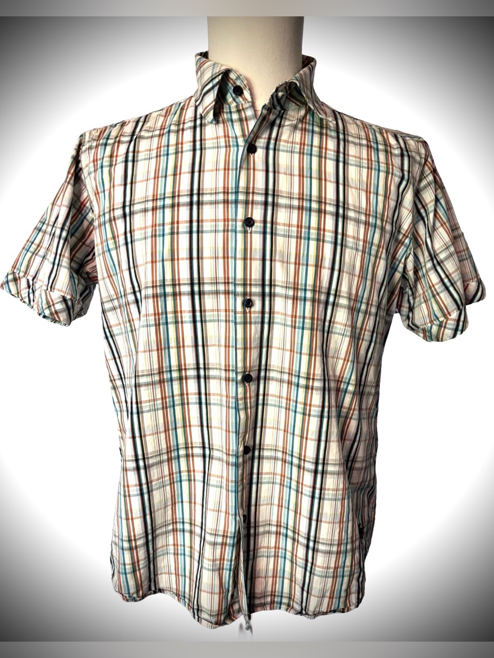 Ben Sherman Short-Sleeve Plaid Button-Up Shirt, tan, black, turquoise, yellow